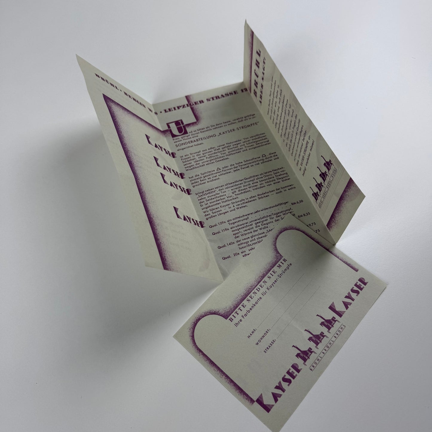 Small promotional leaflet and response slip for Julius Kayser & Co stockings manufacturer issued by Bruhl, c. 1930s