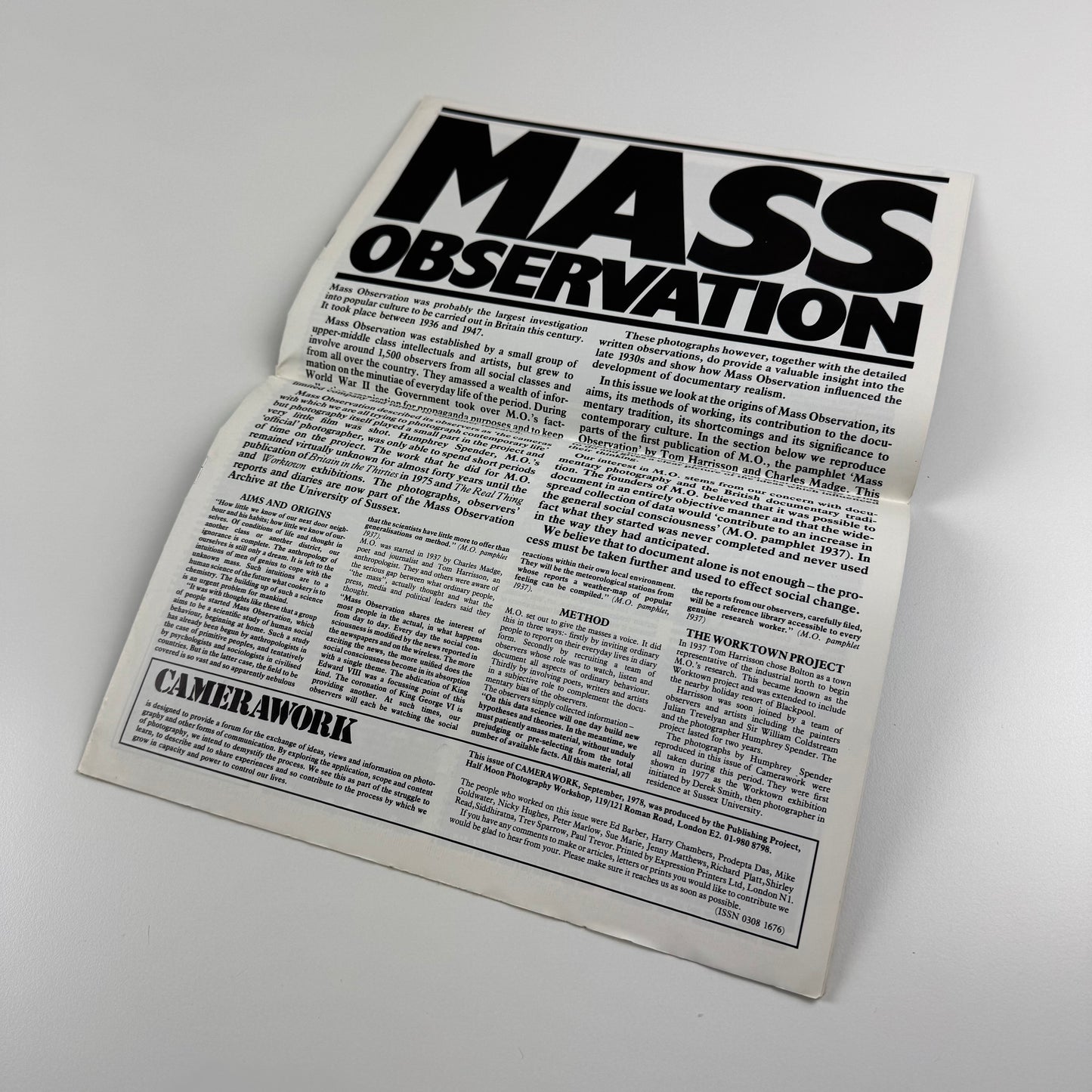 Camerawork No. 11. Mass Observation, Henry Spender, Nigel Henderson, The Metropolitan Police Card, Inspection Processing | Half Moon Photography Workshop | September 1978