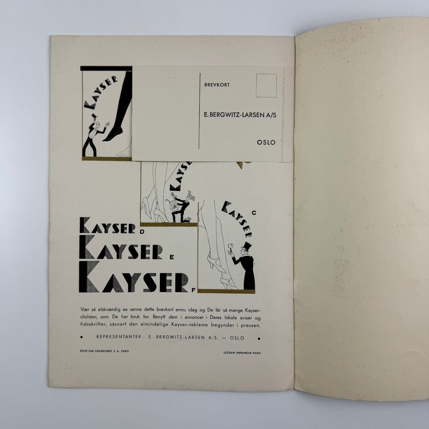 Norwegian promotional brochure for Julius Kayser & Co stockings manufacturer | Raymond de Lavererie illustrations | Jean Cocteau quotations | Brochure design by Crawfords Advertising Agency