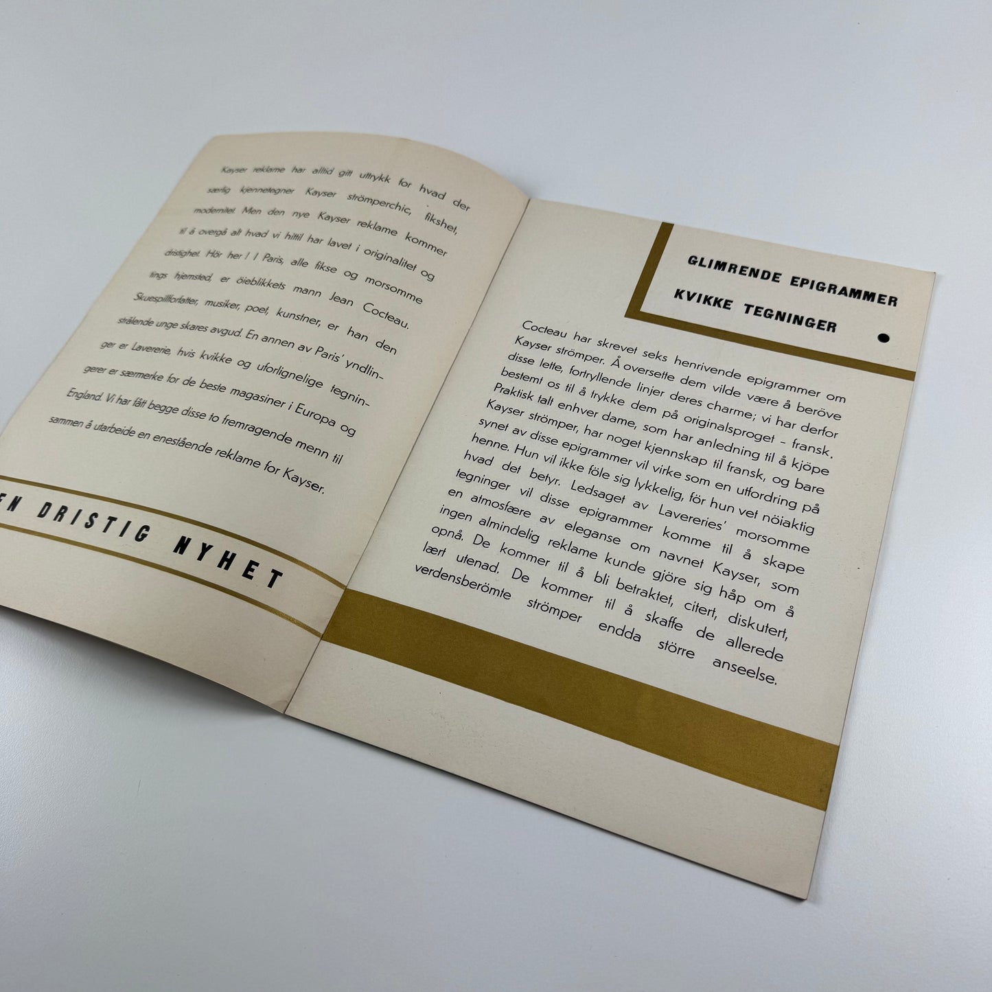 Norwegian promotional brochure for Julius Kayser & Co stockings manufacturer | Raymond de Lavererie illustrations | Jean Cocteau quotations | Brochure design by Crawfords Advertising Agency