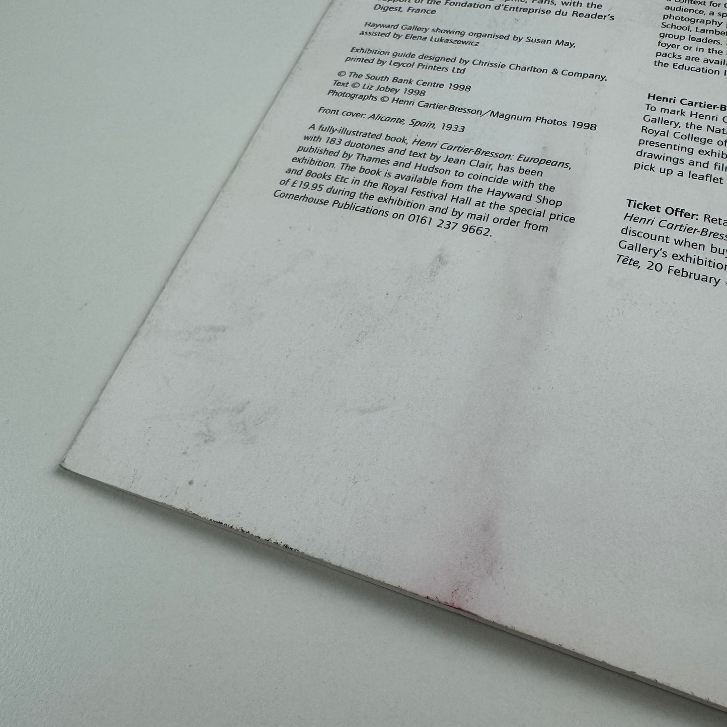 Gallery/folding guide to accompany Henri Cartier-Bresson. Europeans | Hayward Gallery, 1998