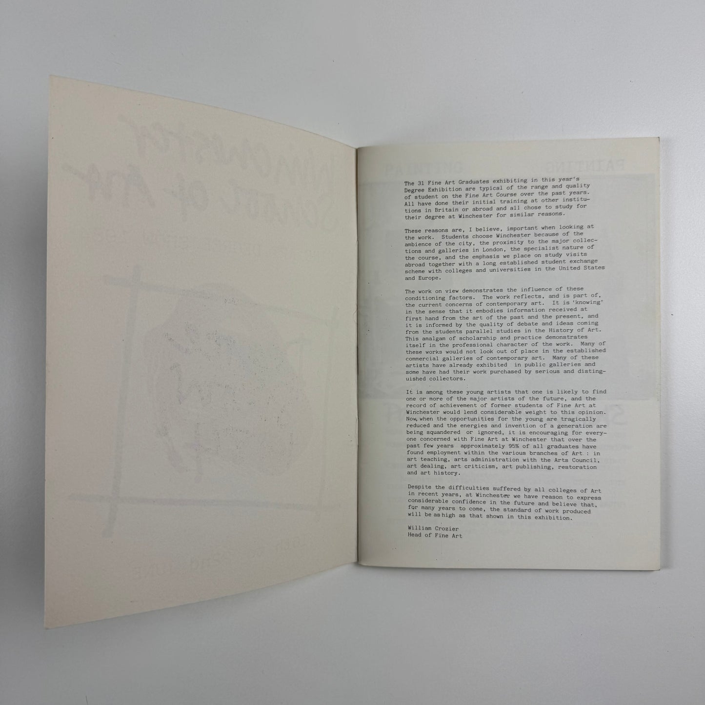 Winchester School of Art. Fine Art Degree Show 1984. 16 to 22 June 1984 | list of students and their works