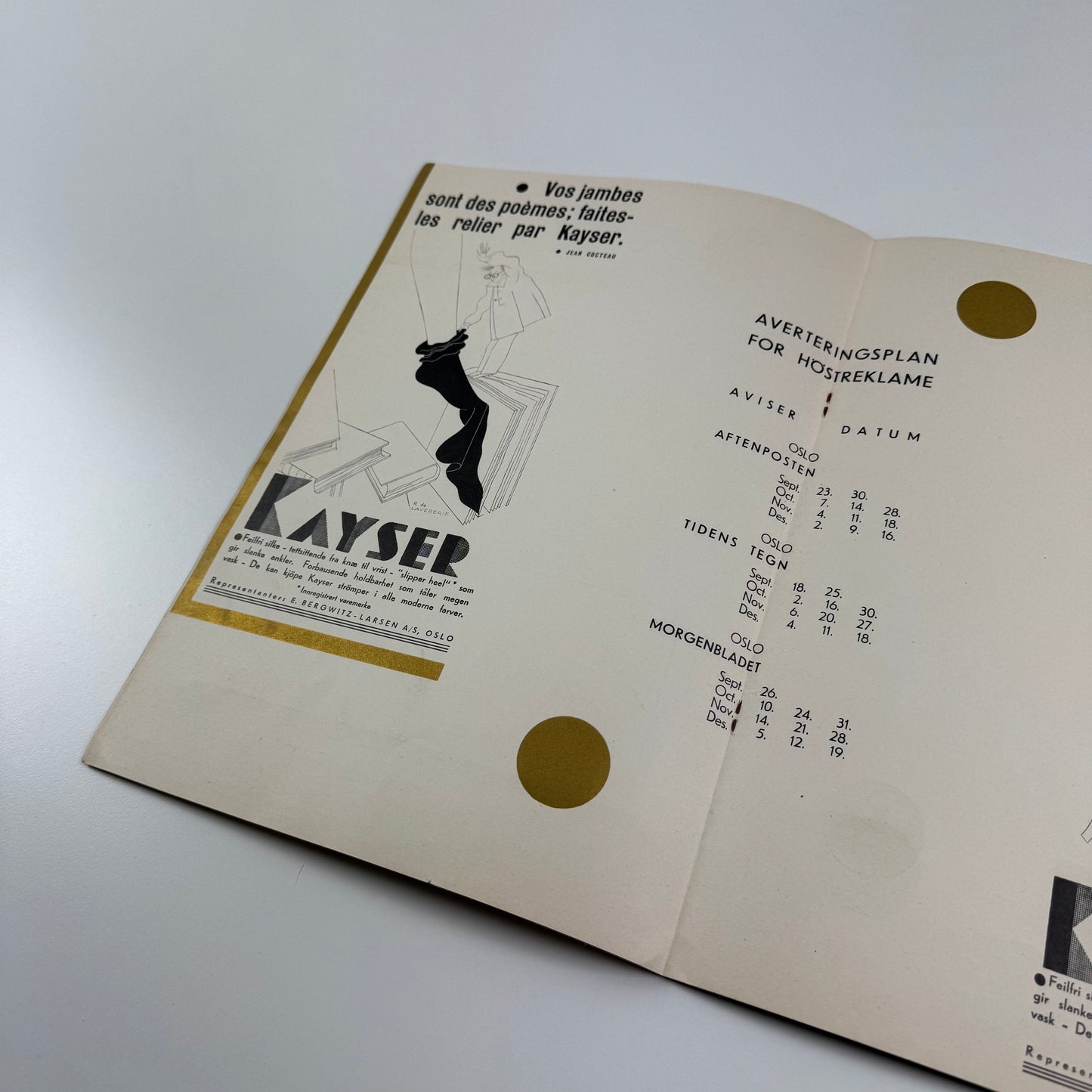 Norwegian promotional brochure for Julius Kayser & Co stockings manufacturer | Raymond de Lavererie illustrations | Jean Cocteau quotations | Brochure design by Crawfords Advertising Agency