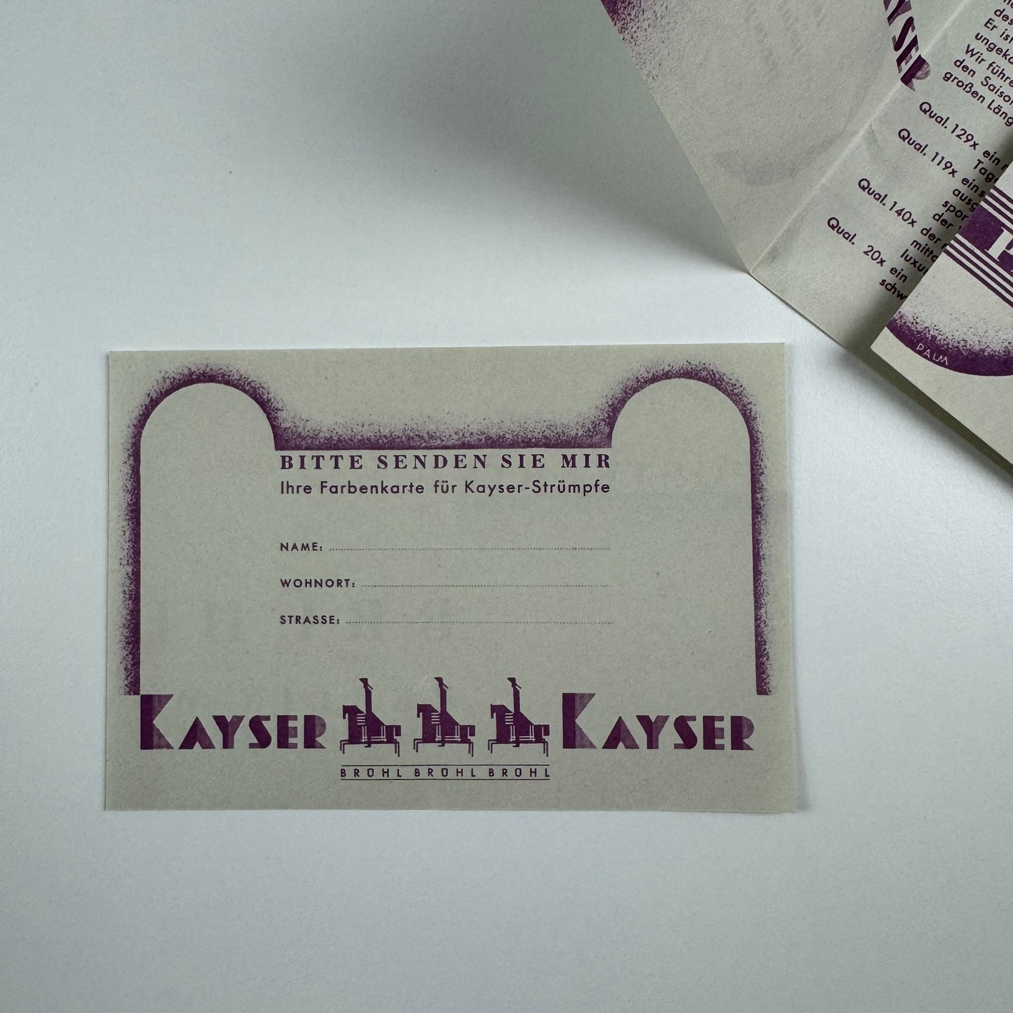 Small promotional leaflet and response slip for Julius Kayser & Co stockings manufacturer issued by Bruhl, c. 1930s