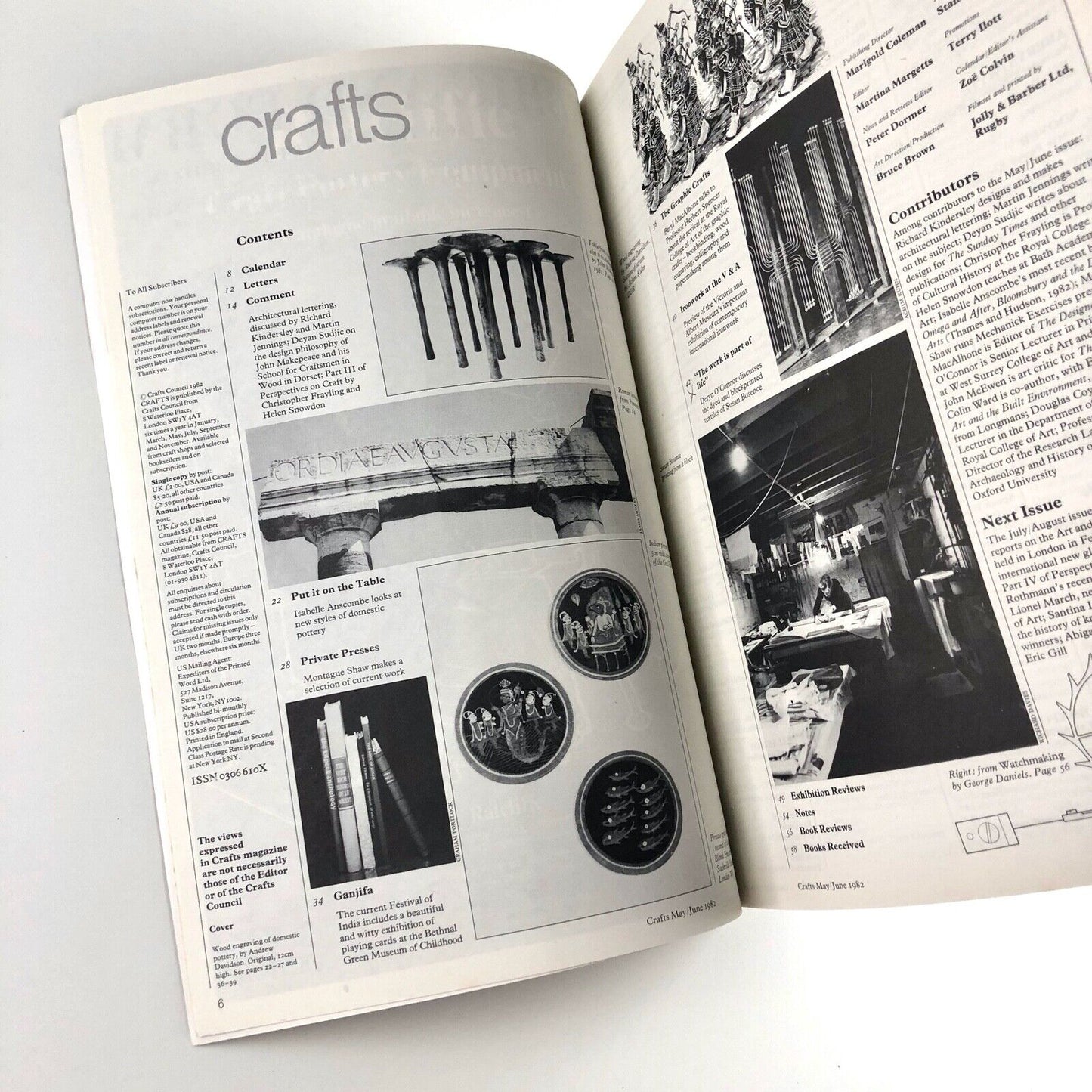 Crafts magazine | Crafts Council | No 56, May/June 1982 Includes articles on Bernard Leach, architectural lettering, private presses, Ironwork at the V&A, Susan Bosence