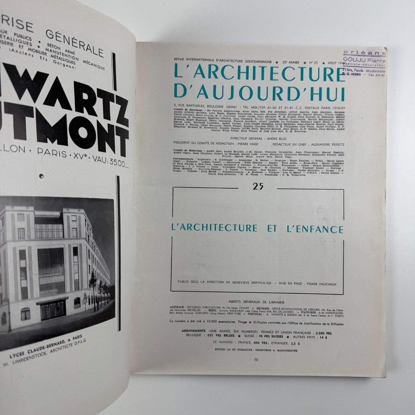 L'architecture d’aujourd’hui. L’architecture et l’enfance. No. 25, August 1949 | Ascoral des Jeaunes. Le Corbusier connection
