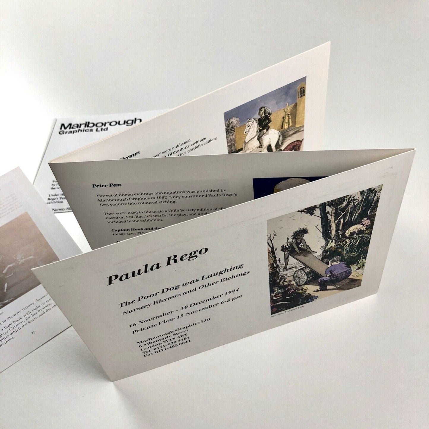 Folding card and related leaflet for Paula Rego. The Poor Dog was Laughing | Marlborough Graphics, 1994