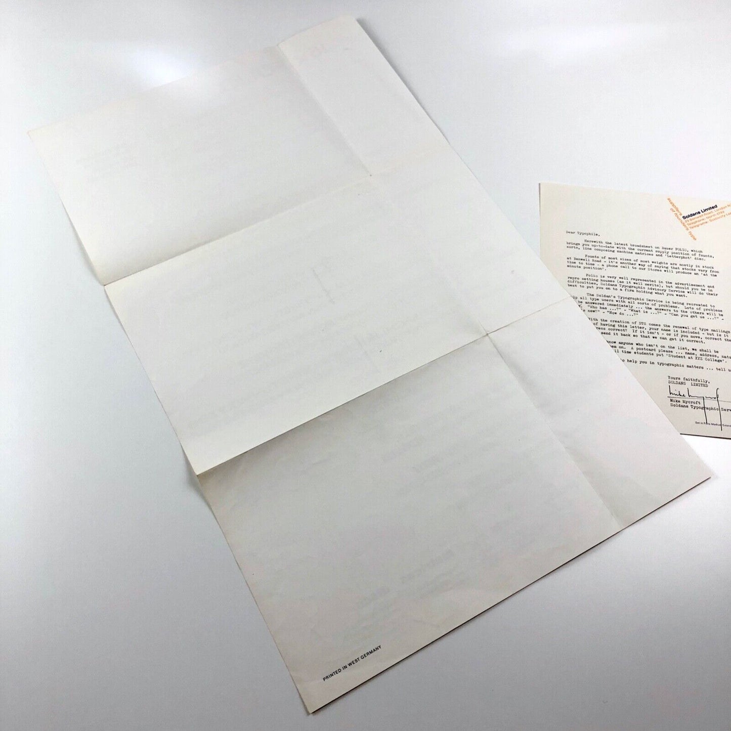 Soldans type specimen – broadsheet and related letter | '16 x Bauer Folio' | West Germany, July 1966