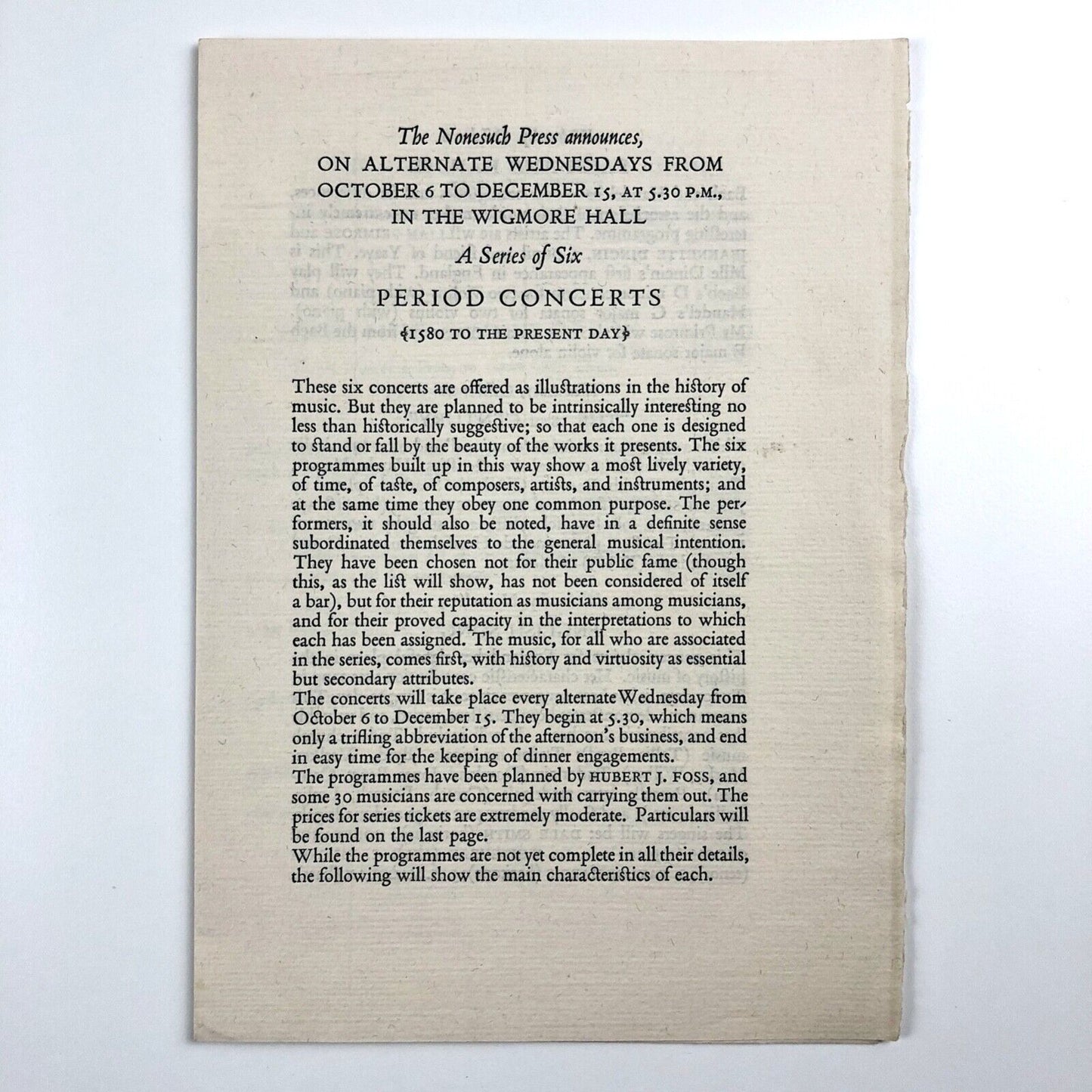 A Series of Six Period Concerts, The Nonesuch Press | Wigmore Hall | undated c.1930s