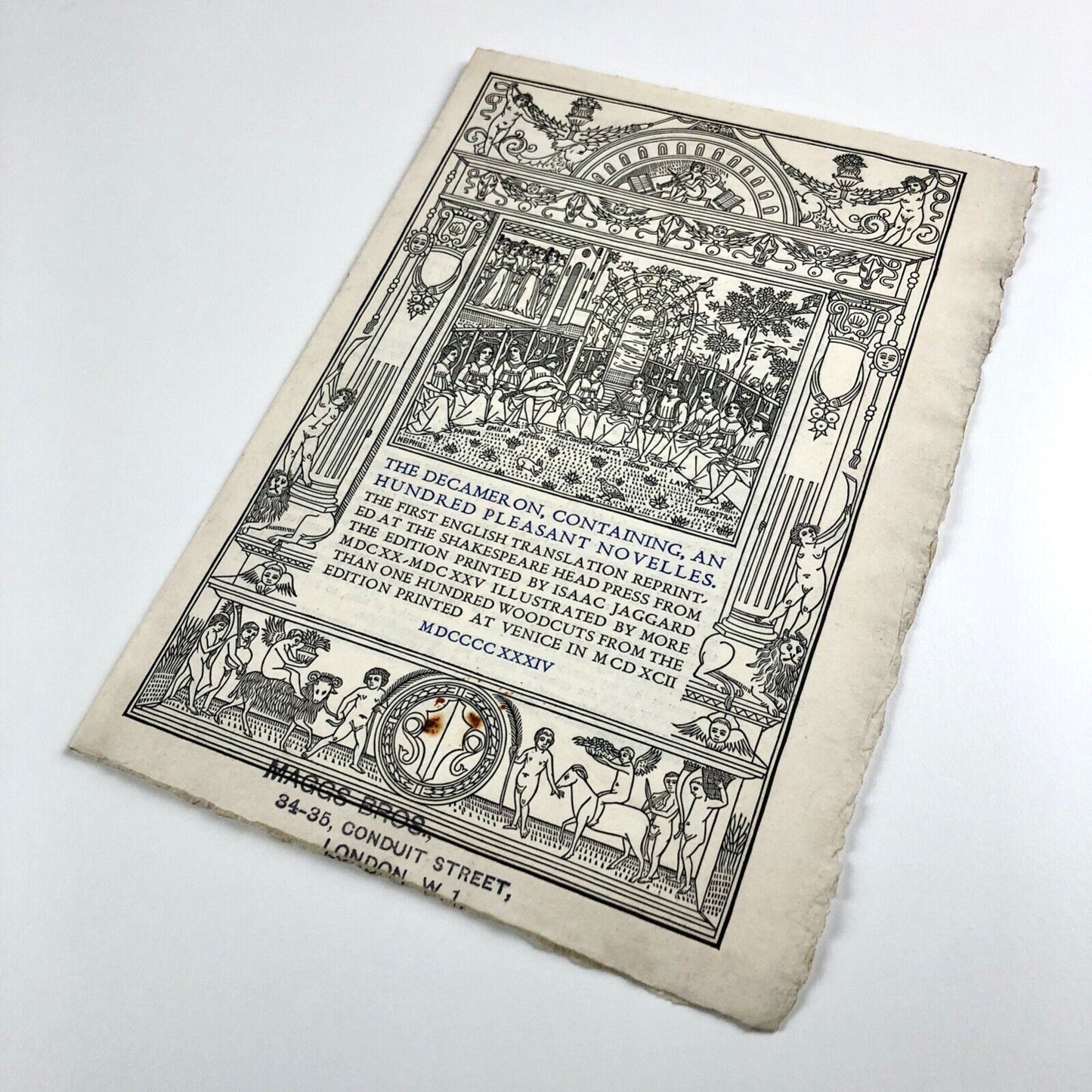 Prospectus for The Decameron Shakespeare Head Press | Edition printed by Isaac Jaggard at The Shakespeare Head Press. First English translation reprint | Maggs Bros, 1938