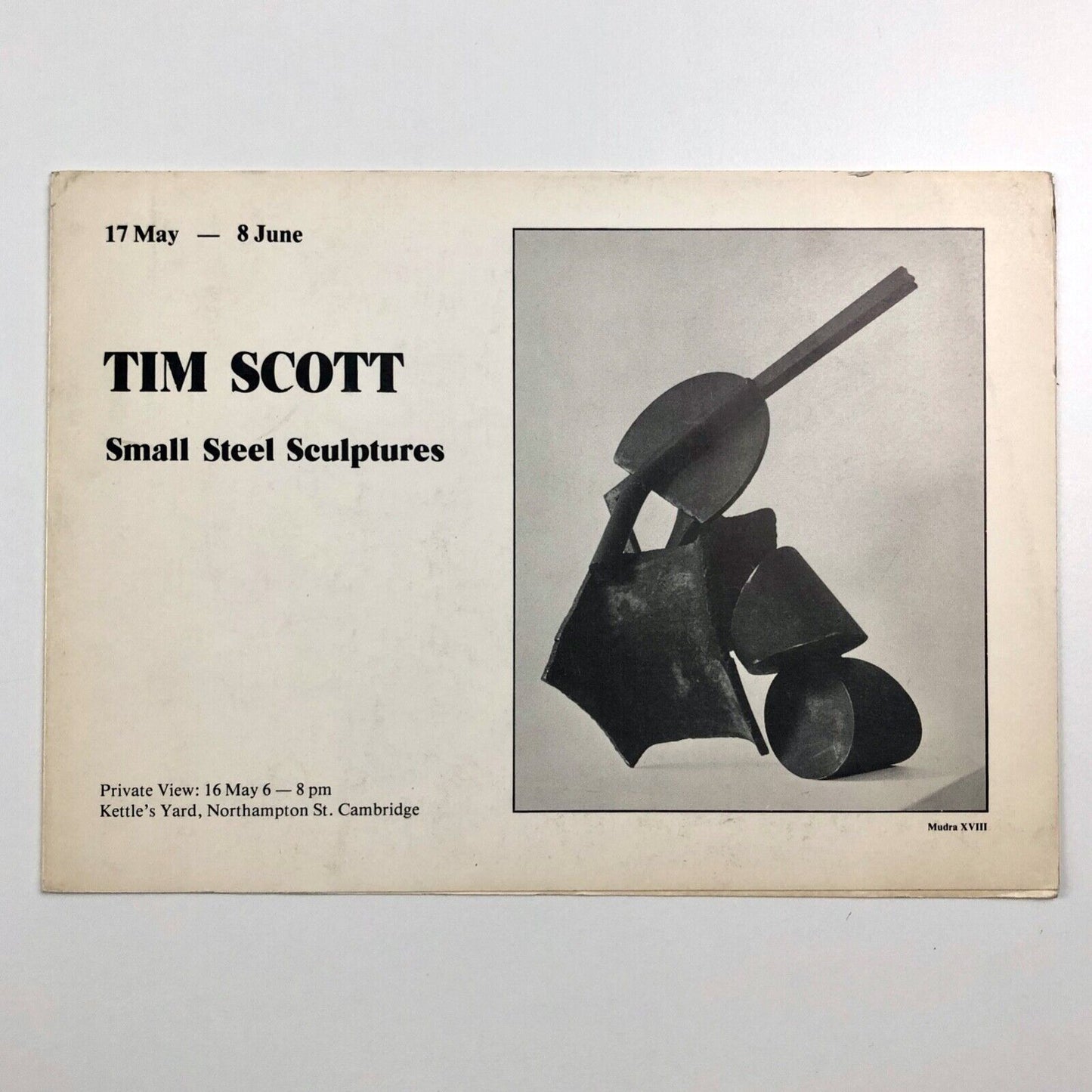 Private view invite for Tim Scott Small Steel Sculptures | Kettle's Yard, Cambridge, 1980