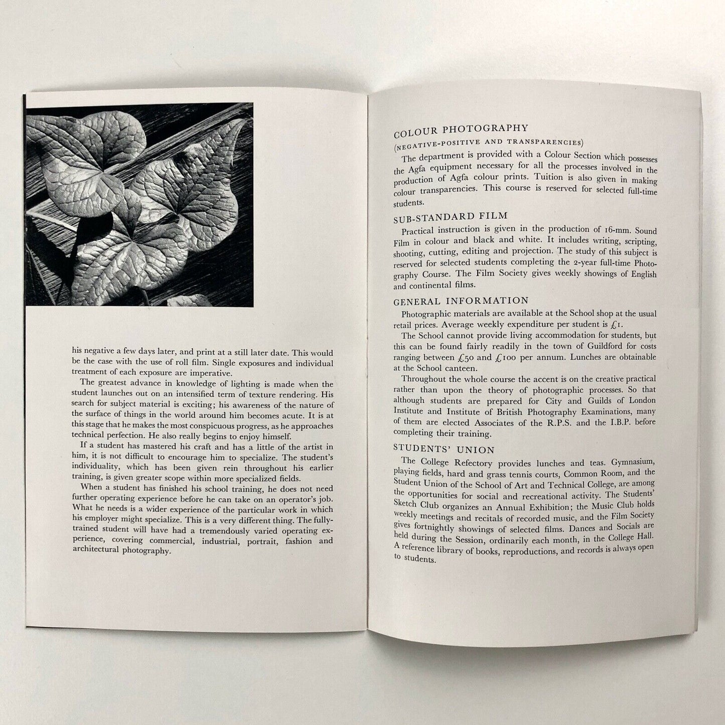 Prospectus of Photography. The department and its facilities | Guildford School of Art, 1960s | introduction by Ifor Thomas