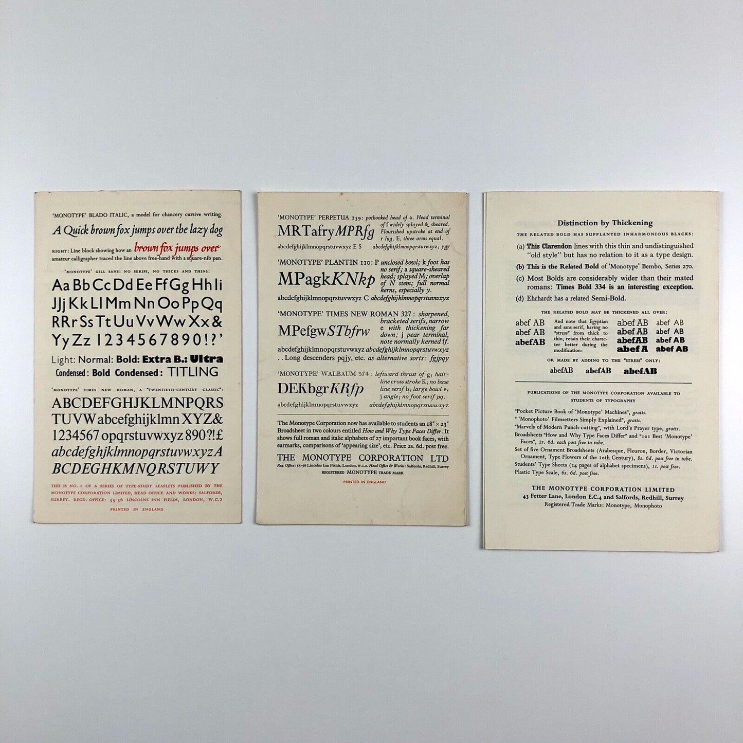 3 x Monotype type specimen leaflets | Student guides to typography