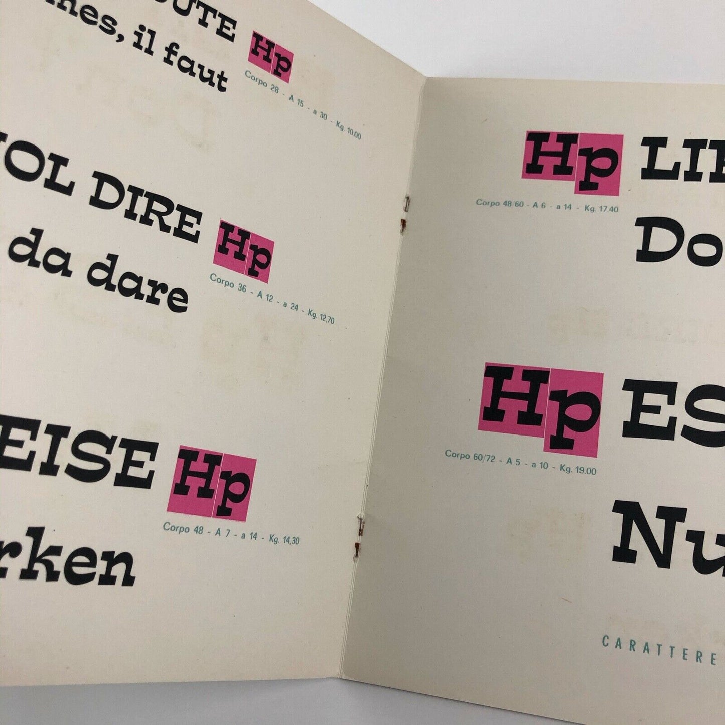 Il carattere del SORRISO type specimen booklet for Società Nebiolo Aldo Novarese 1961