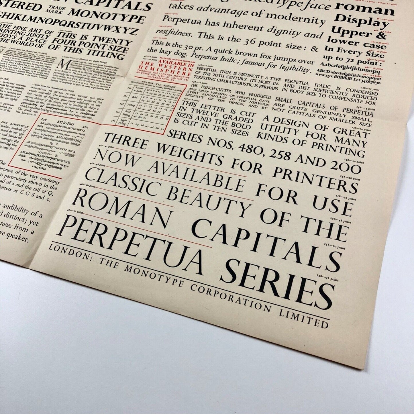 Lanston Monotype Machine Company, Philadelphia | Perpetua type specimen sheet | Eric Gill | Monotype Corporation, 1946