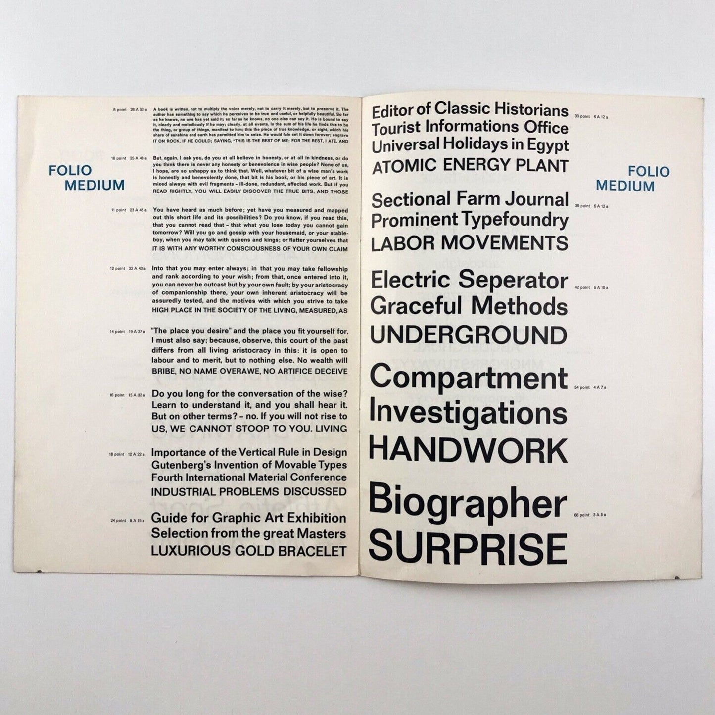 Folio Light, Light italic, Medium | Type specimen brochure, Bauer Type Foundry, undated