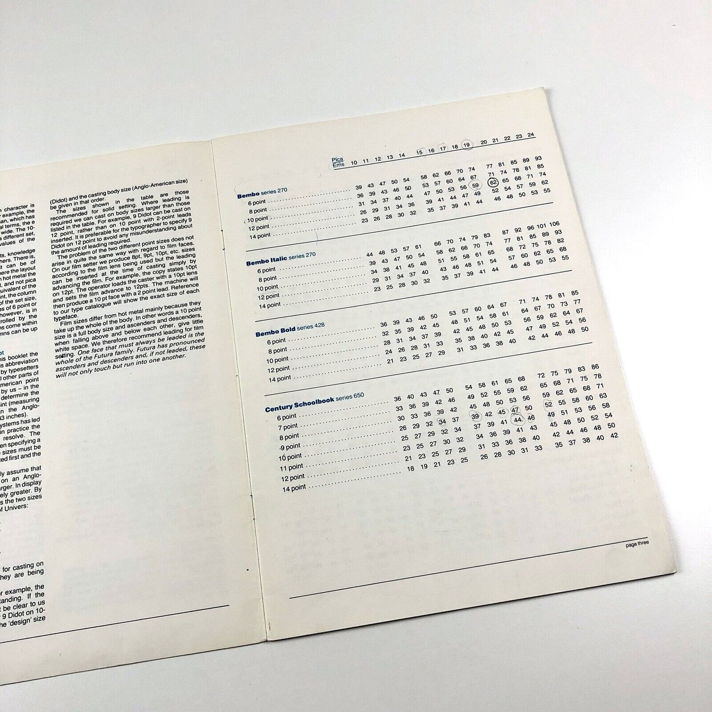 Copyfitting book showing average number of lower case characters contained in given measures | Booklet produced by J.H. Graphics Ltd.
