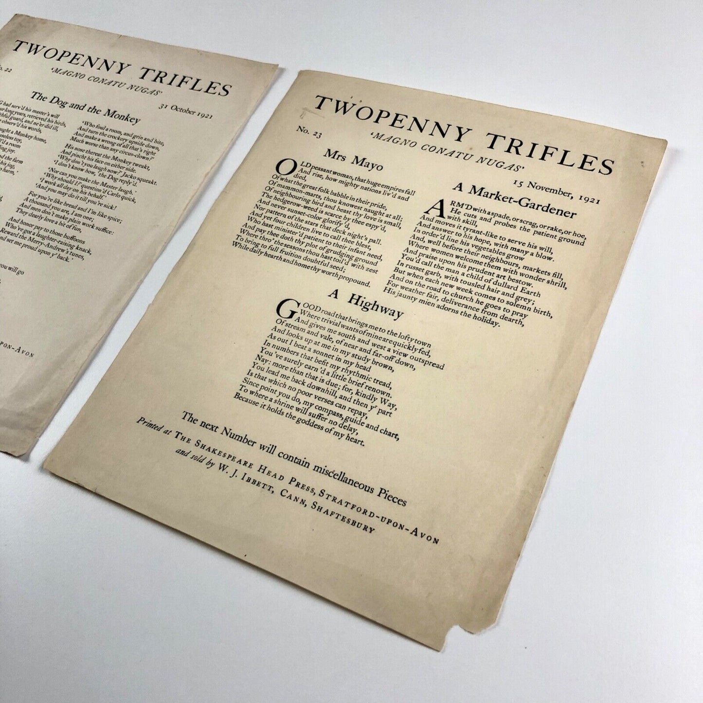 Twopenny Trifles No 21 and No 22 1921 | The Shakespeare Head Press sold by W.J. Ibbett