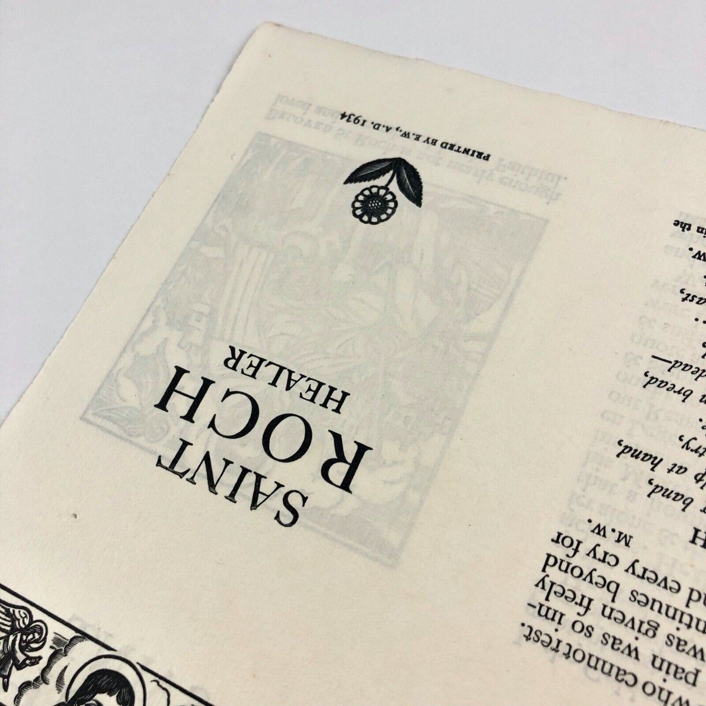Saint Roch Healer. Leaflet as broadsheet. Printed by 'E.W.' Edward Walters, 1934