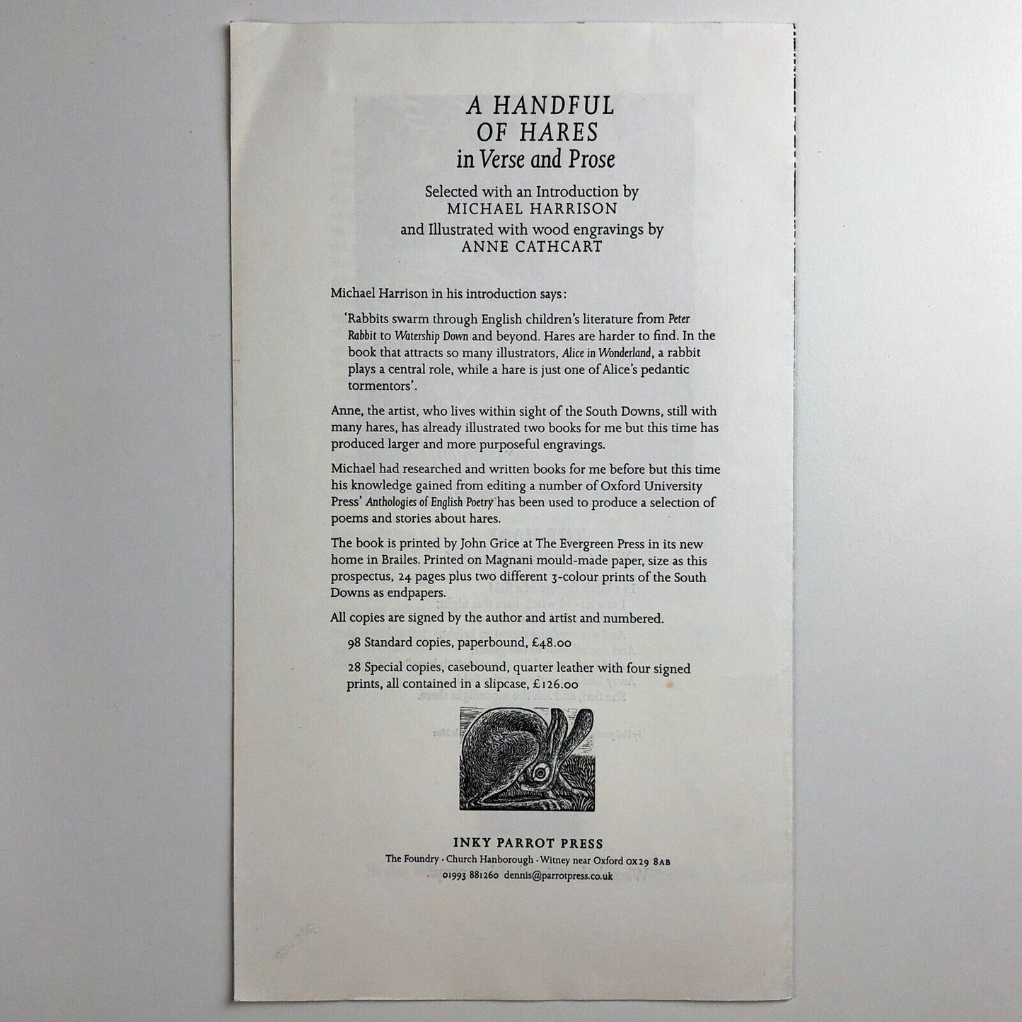 Leaflet to promote A Handful of Hares | Anne Cathcart | Inky Parrot Press, 2009