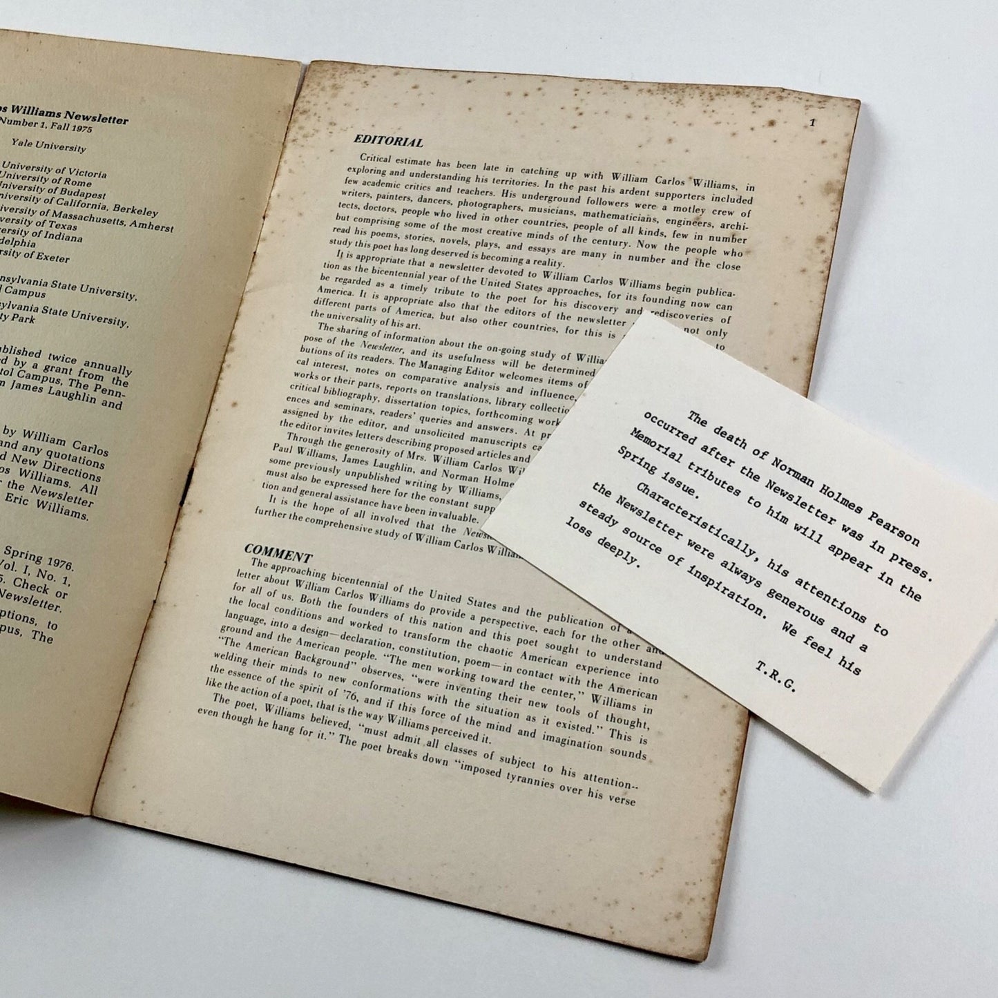 William Carlos Williams Newsletter | Volume 1, Number 1, Fall 1975