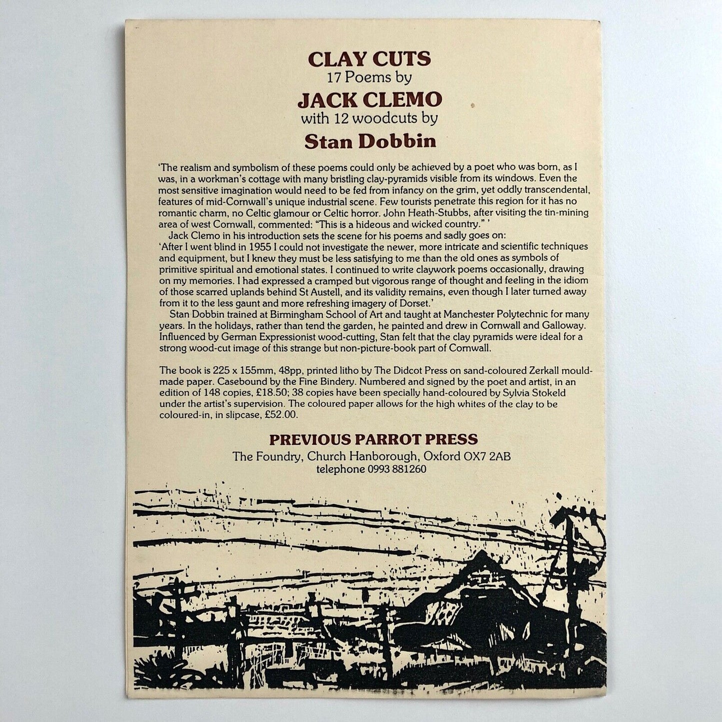 Leaflet to promote the publication Clay Cuts by Jack Clemo | woodcuts by Stan Dobbin, 1991 | Previous Parrot Press