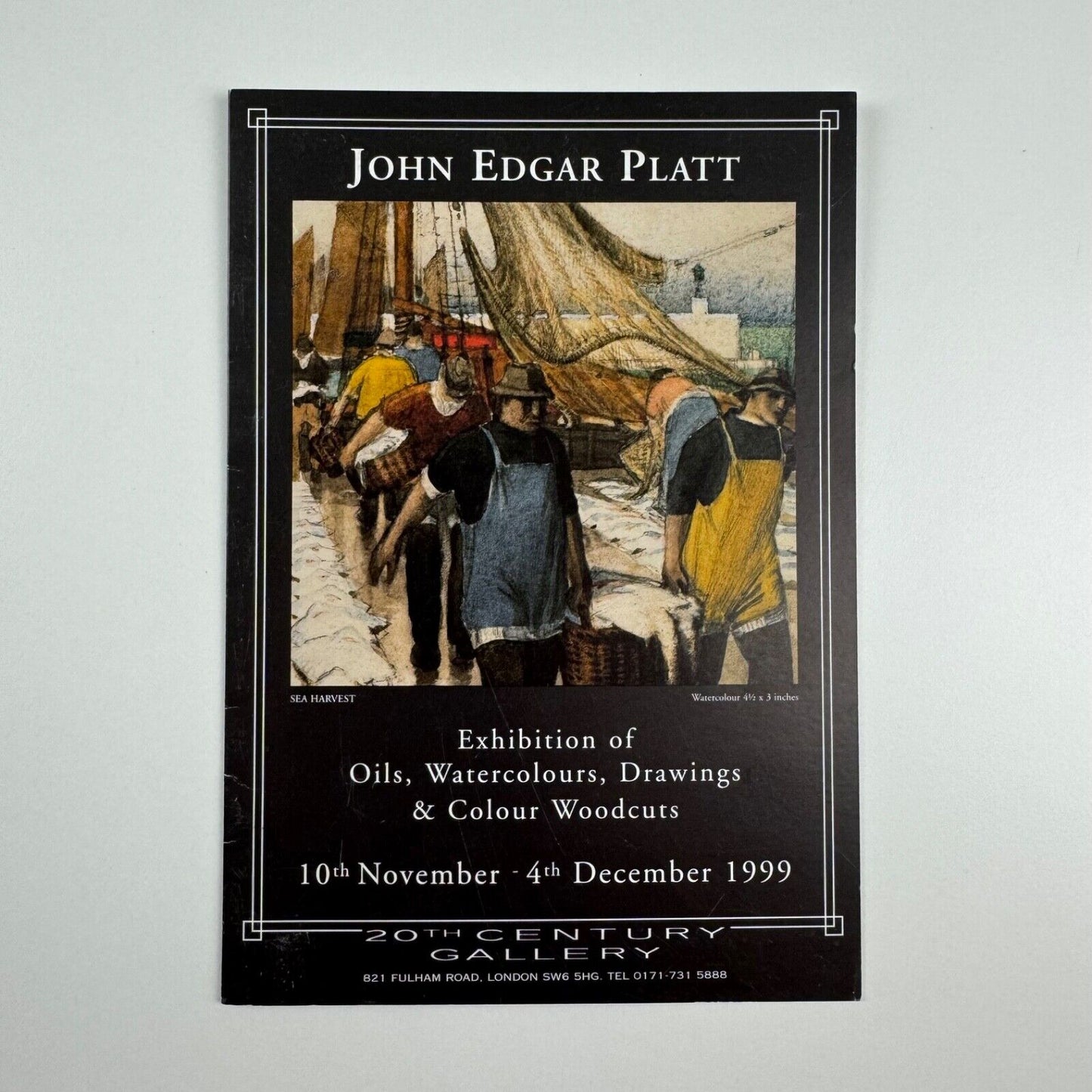Folding card for John Edgar Platt. Exhibition of oils, watercolours, drawings & colour woodcuts held at 20th century Gallery, London, 1999