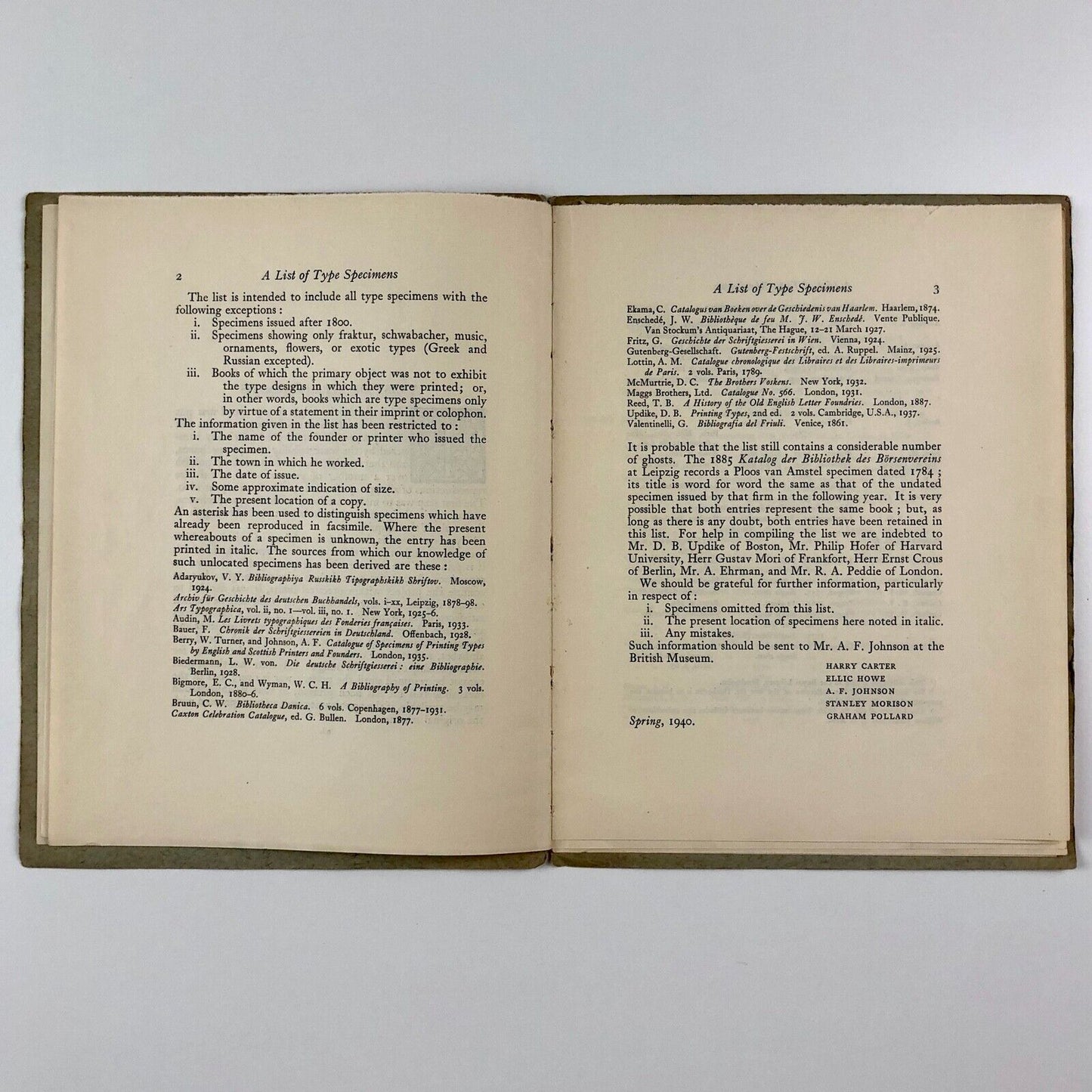 A list of type specimens. The Bibliographical Society, London, 1942 | Harry Carter