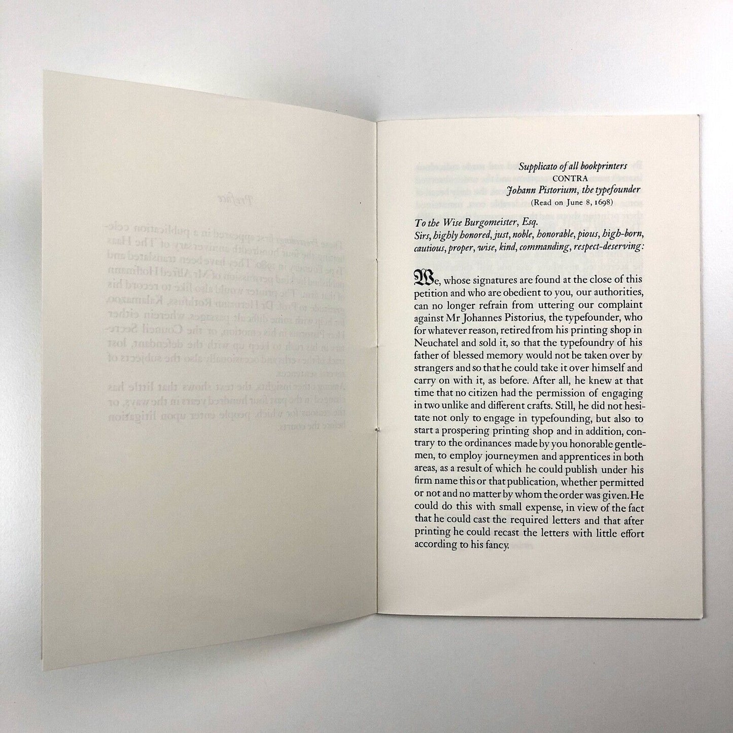 Proceedings of the Master Printers of Basel against Johann Pistorius. Before the Lower Council of that City during June, 1698 | Paul Hayden Duensing, Vicksburg, 1982