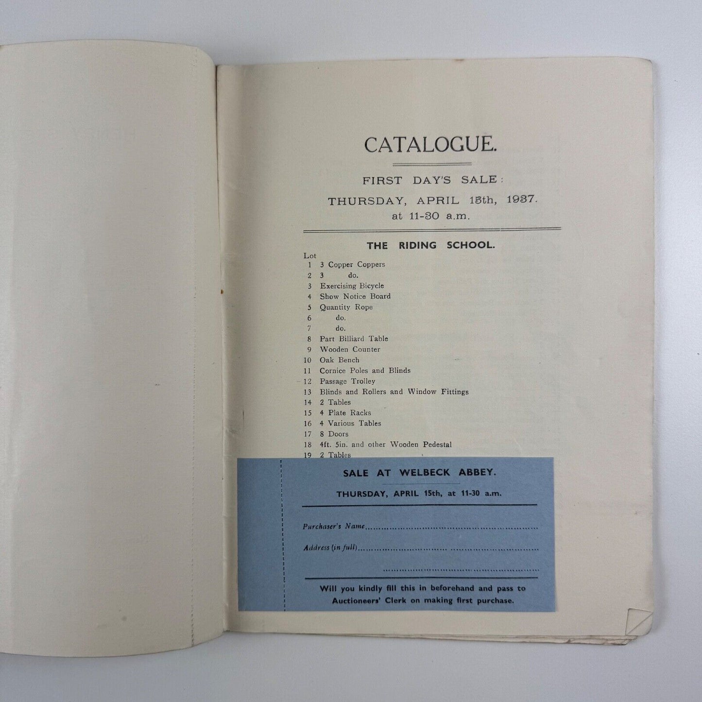 Duke of Portland, K.G. Welbeck Abbey. Catalogue of Surplus Furniture, Handsome Chimney Pieces, Old Oak Panelling, Interior Fittings, and other Effects, April, 1937
