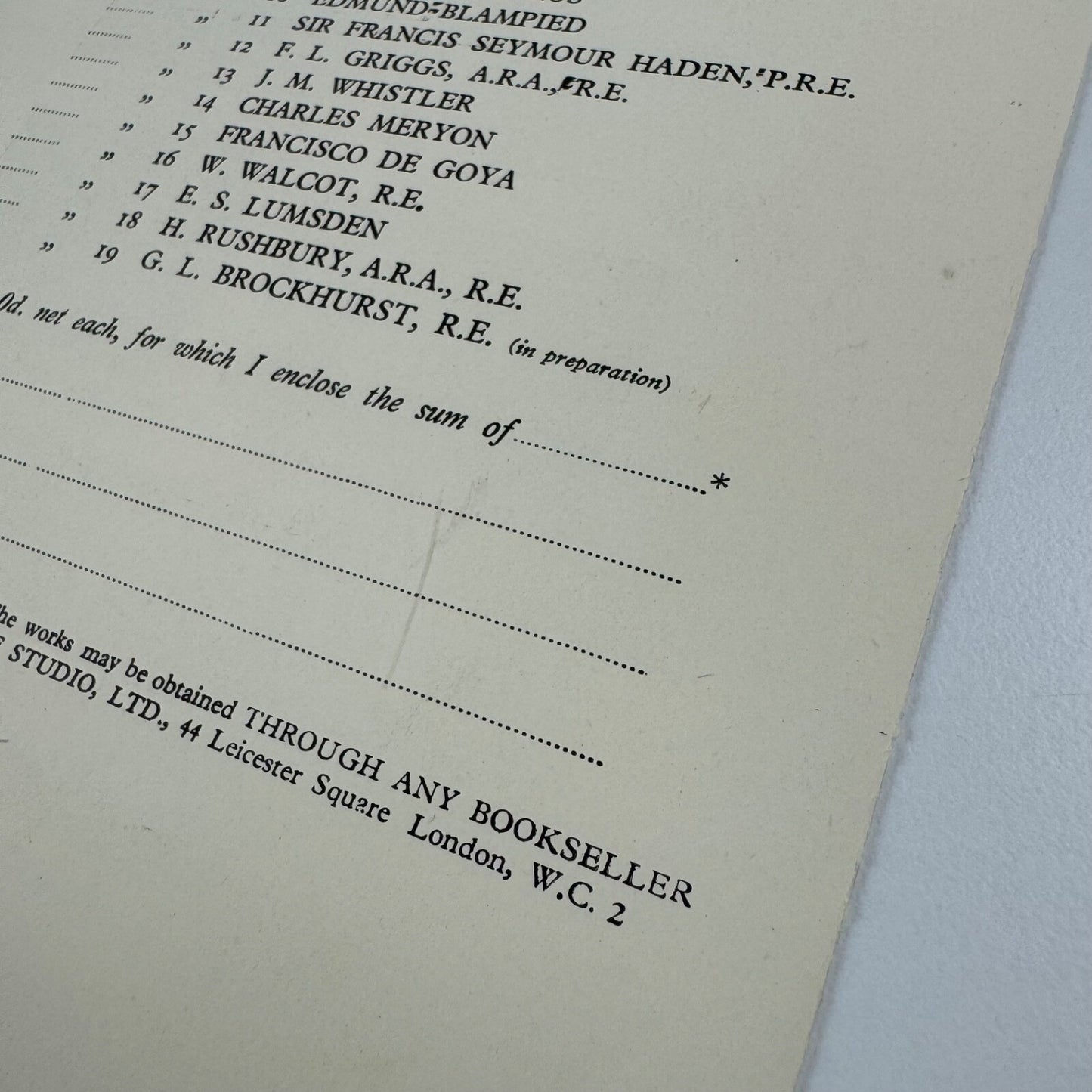 Order form for H. Rushbury, Masters of Etching series. The Studio. Undated 1920s
