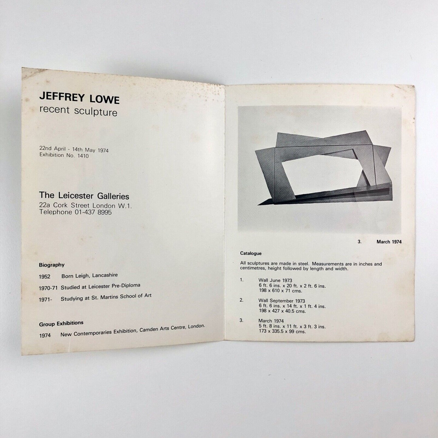 Folding card for Jeffrey Lowe – Recent Sculpture | The Leicester Galleries, London, 1974