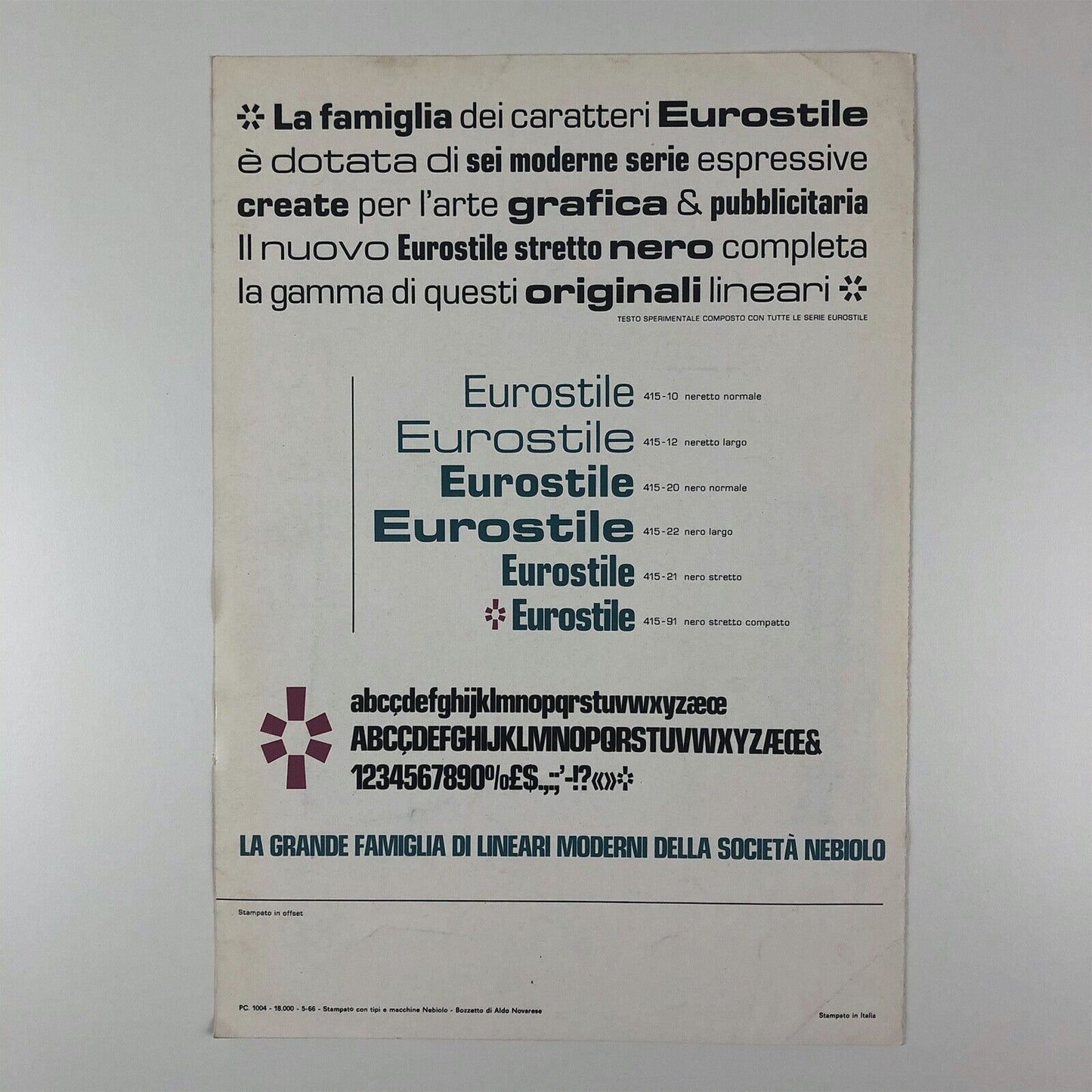 Nuova Serie Eurostile Nera Stretta compatta, Società Nebiolo | Type specimen leaflet | Aldo Novarese