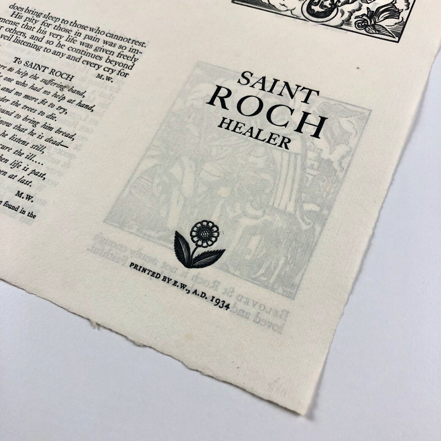 Saint Roch Healer. Leaflet as broadsheet. Printed by 'E.W.' Edward Walters, 1934