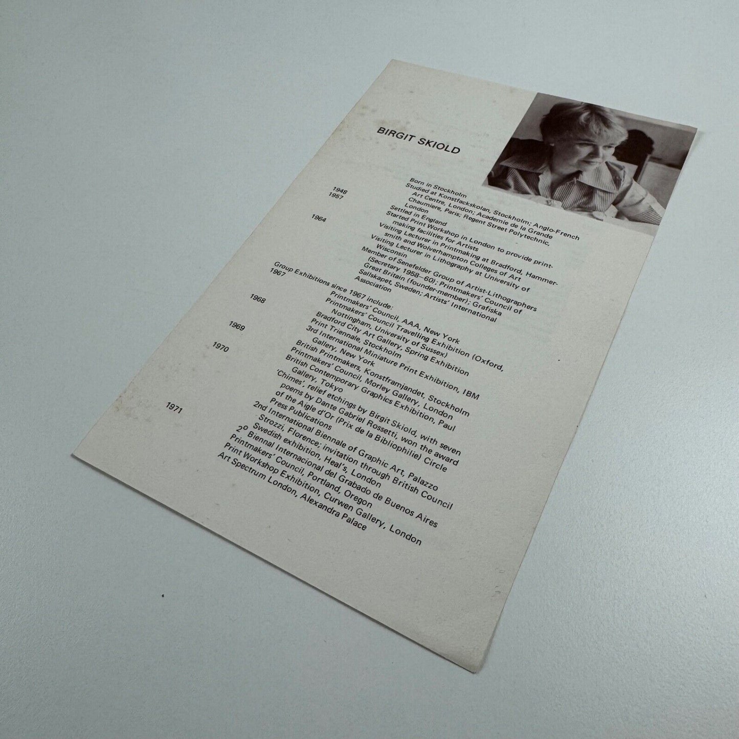 Leaflet on Birgit Skiold from Oxford Gallery, Oxford. Undated presumed to be 1970s