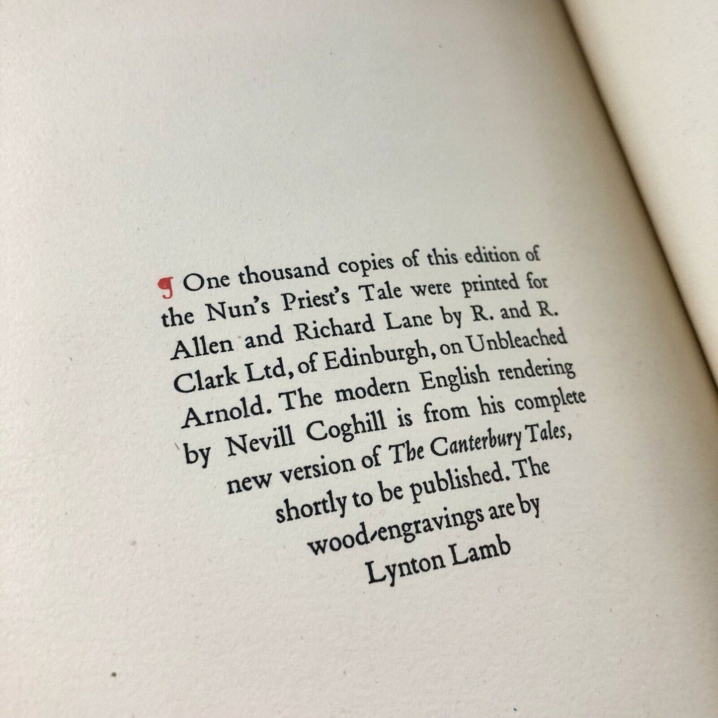 The Nun’s Priest’s Tale of Chaucer from the Canterbury Tales. Newly rendered into Modern English by Neville Coghill | Allen and Richard Lane, 1950 - Lynton Lamb engravings