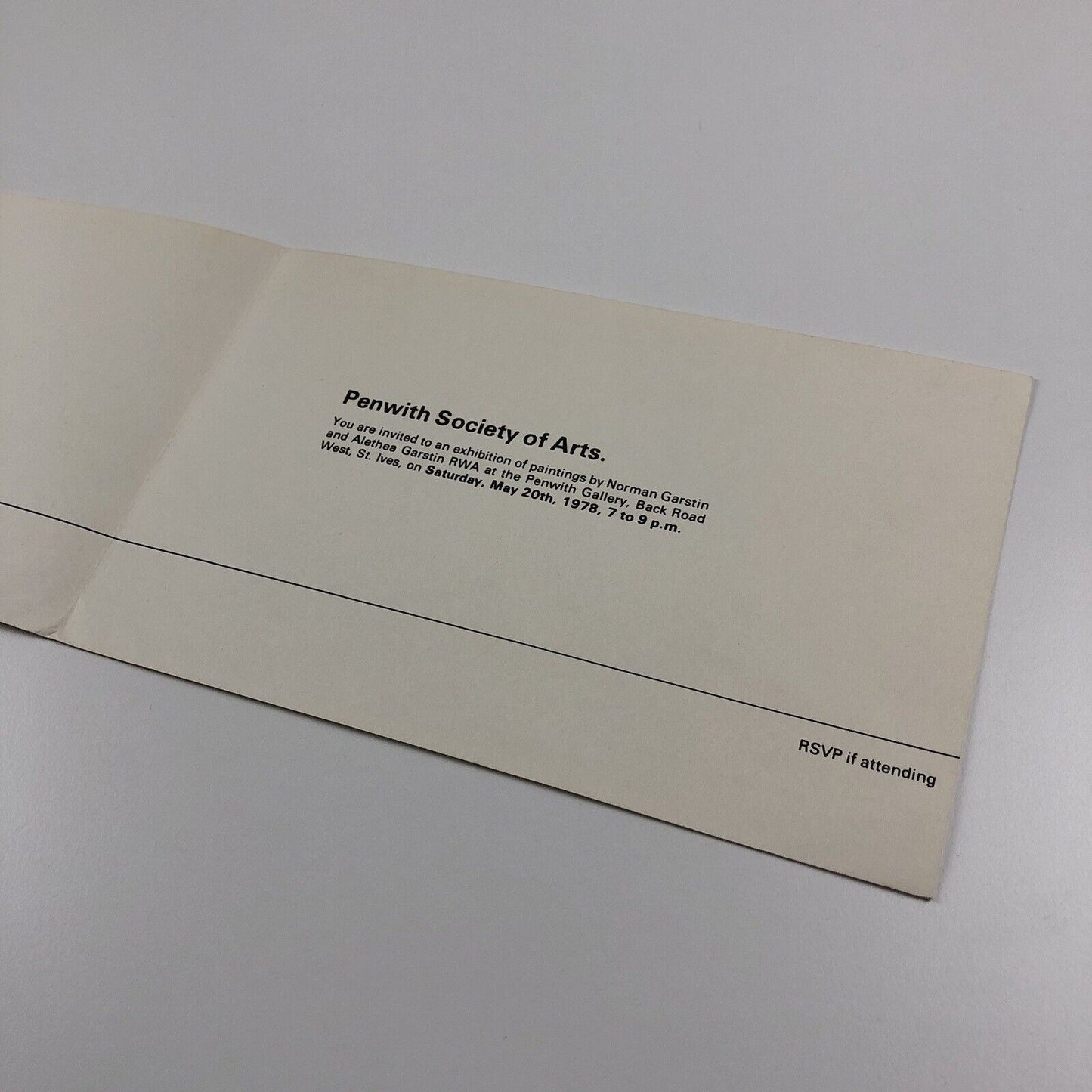 Invite to Norman & Alethea Garstin Penwith Gallery Society of Artists | Private view card, May 1978