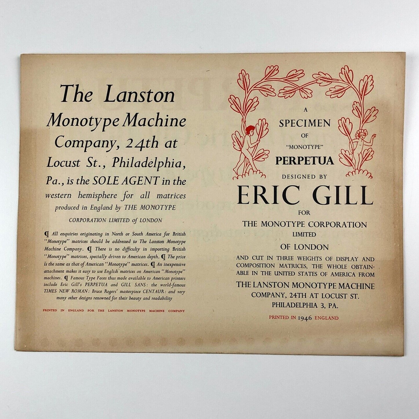 Lanston Monotype Machine Company, Philadelphia | Perpetua type specimen sheet | Eric Gill | Monotype Corporation, 1946