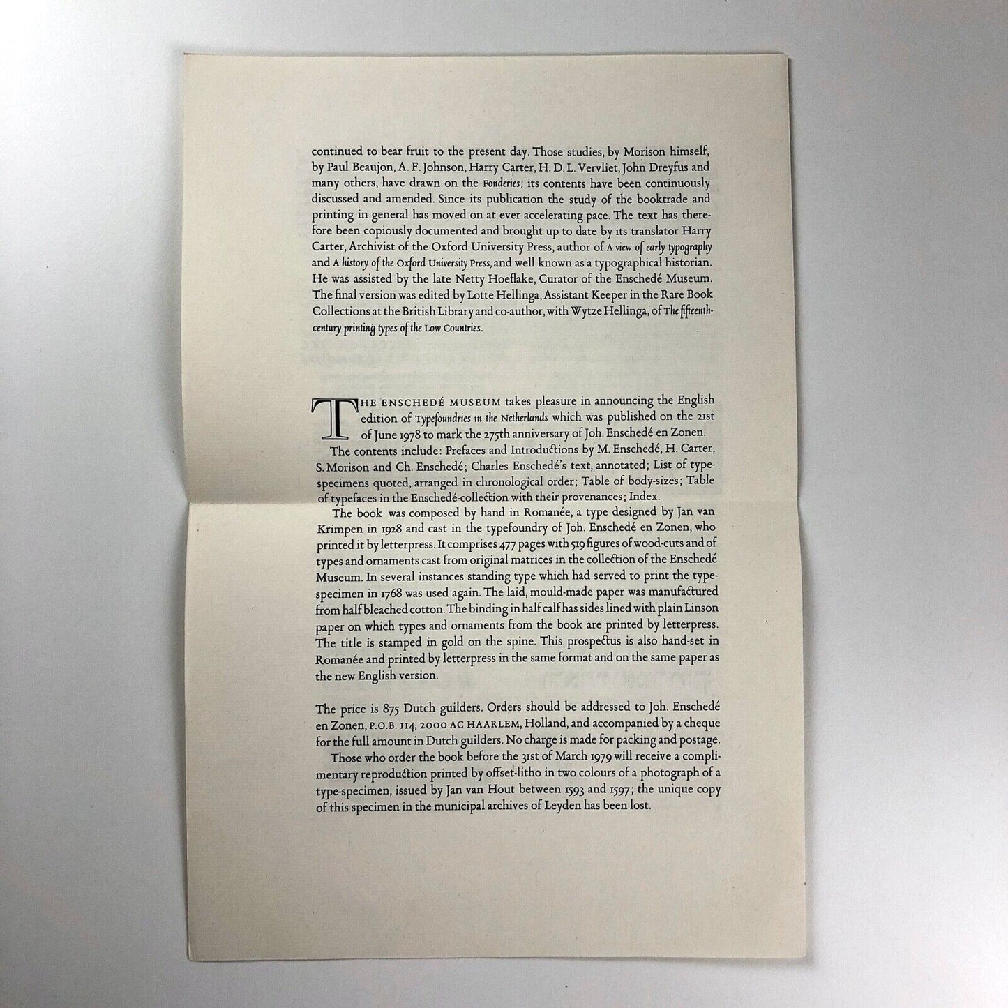 Typefoundries in the Netherlands | Charles Enschedé | Prospectus leaflet, 1978