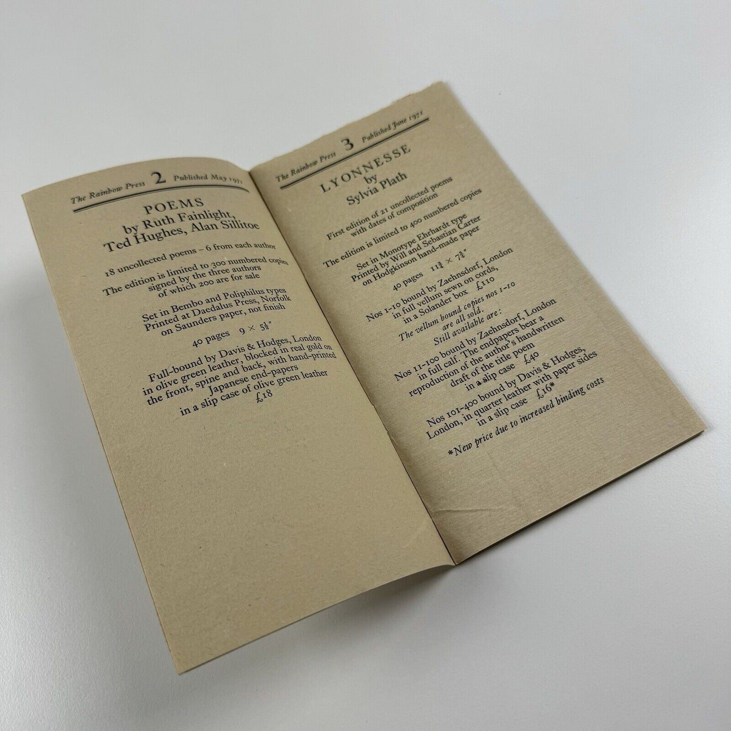 Leaflet for The Rainbow Press | The first 10 publications 1970-1977 | The John Robert Press | includes Ted Hughes, Sylvia Plath