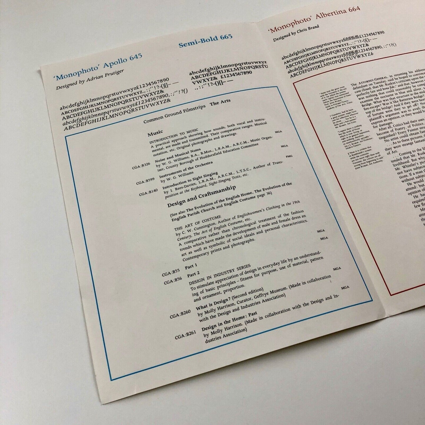 Apollo & Albertina Monophoto type specimen Monotype Corporation Adrian Frutiger