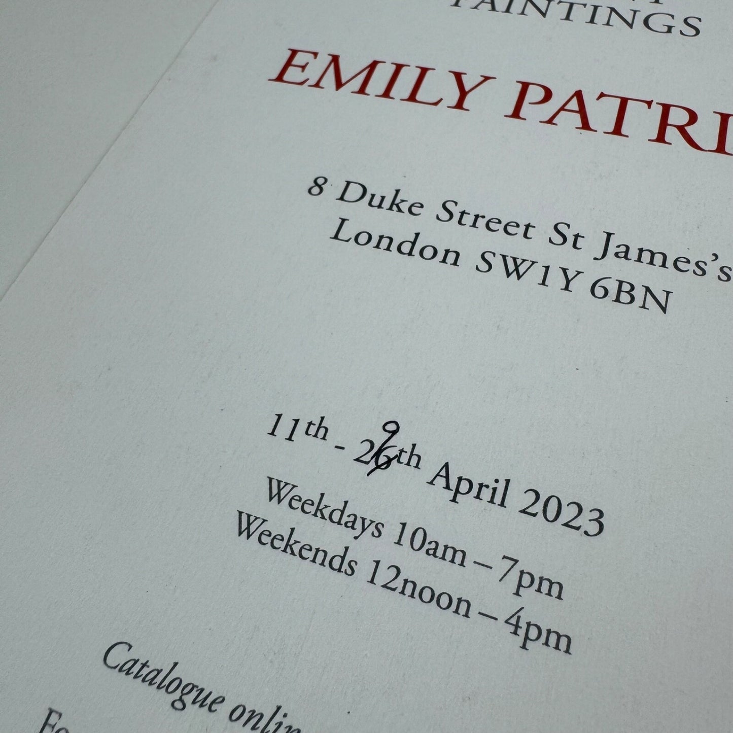 Promotional card for Recent Paintings Emily Patrick St James's 2023
