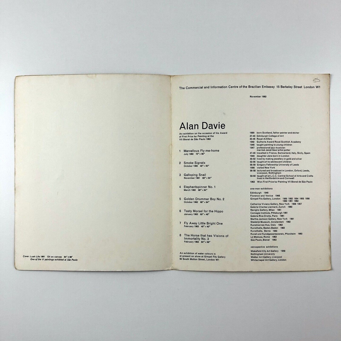 Alan Davie | Exhibition leaflet, Brazilian Embassy London | Sãu Paulo Bienal, 1963