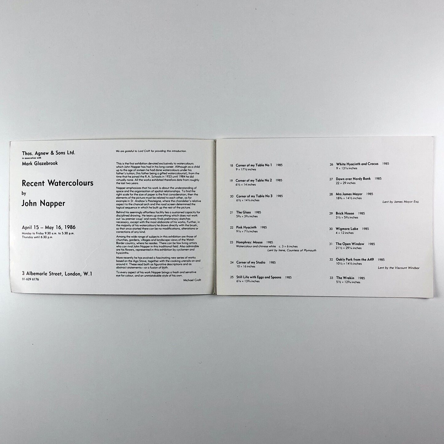 Recent Watercolours by John Napper | Thomas Agnew 1986 folding card/catalogue