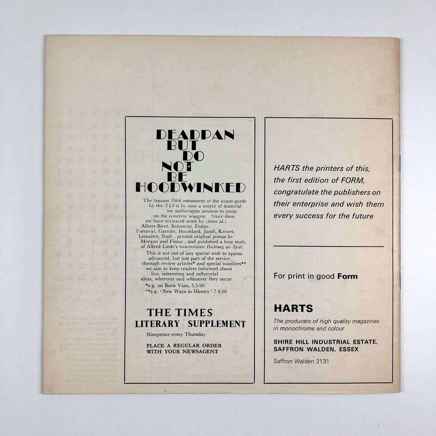 Form No. 1, summer 1966, Philip Steadman, Stephen Bann, Mike Weaver eds.