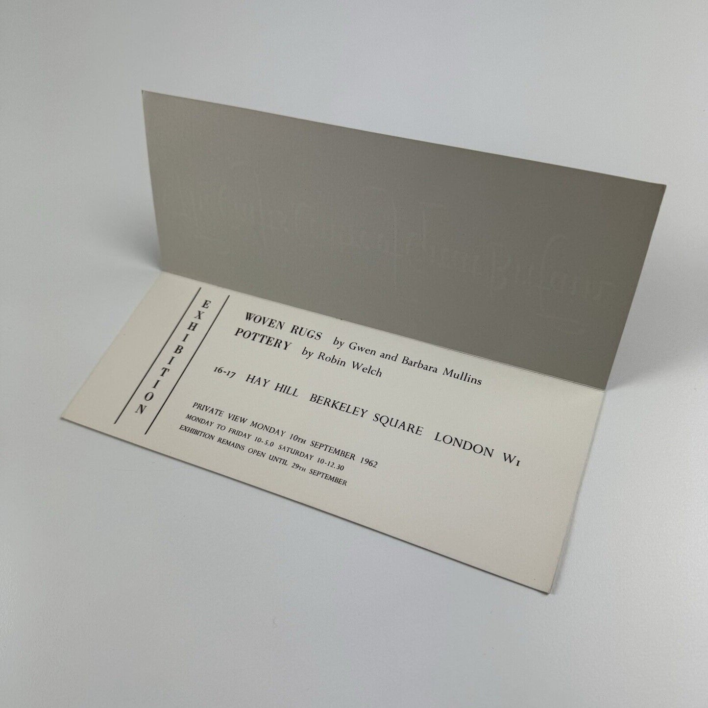 Private view invite for Crafts Centre of Great Britain woven rugs by Gwen & Barbara Mullins, pottery by Robin Welch, September 1962