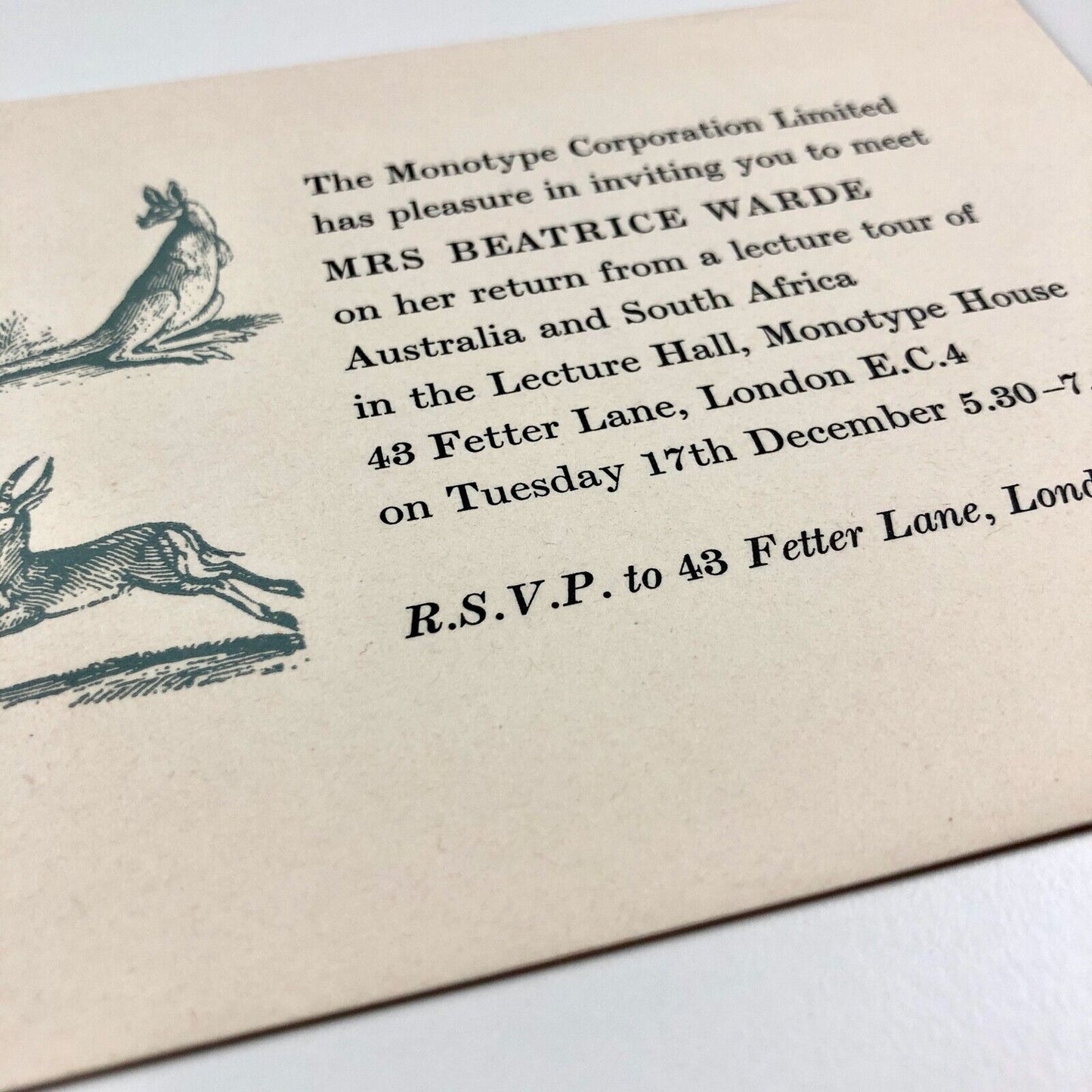 Monotype Corporation invitation card Beatrice Warde 1957