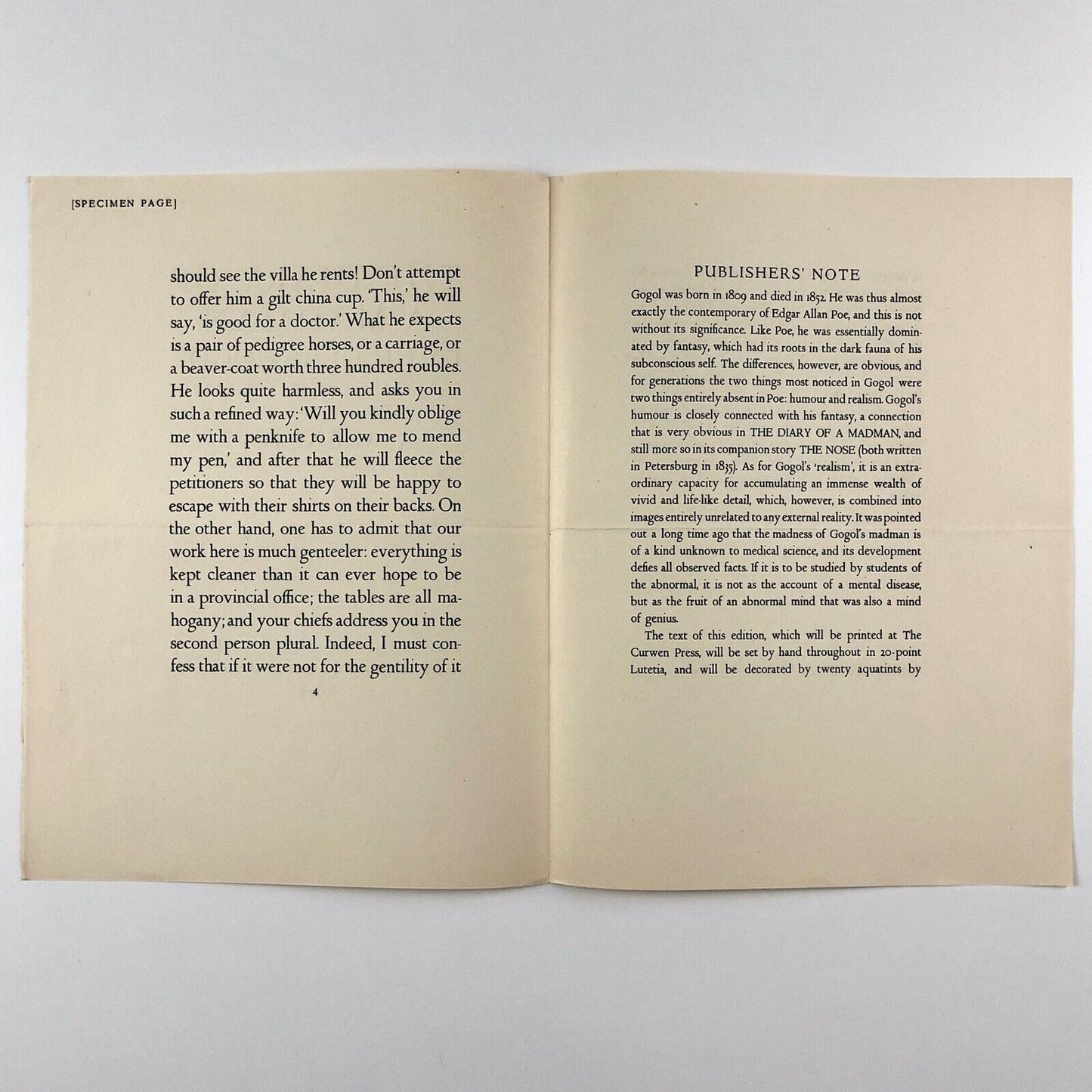 Prospectus for The Diary of a Madman by Nicolas Gogol with aquaitints by A. Alexeieff | The Cresset Press 1929