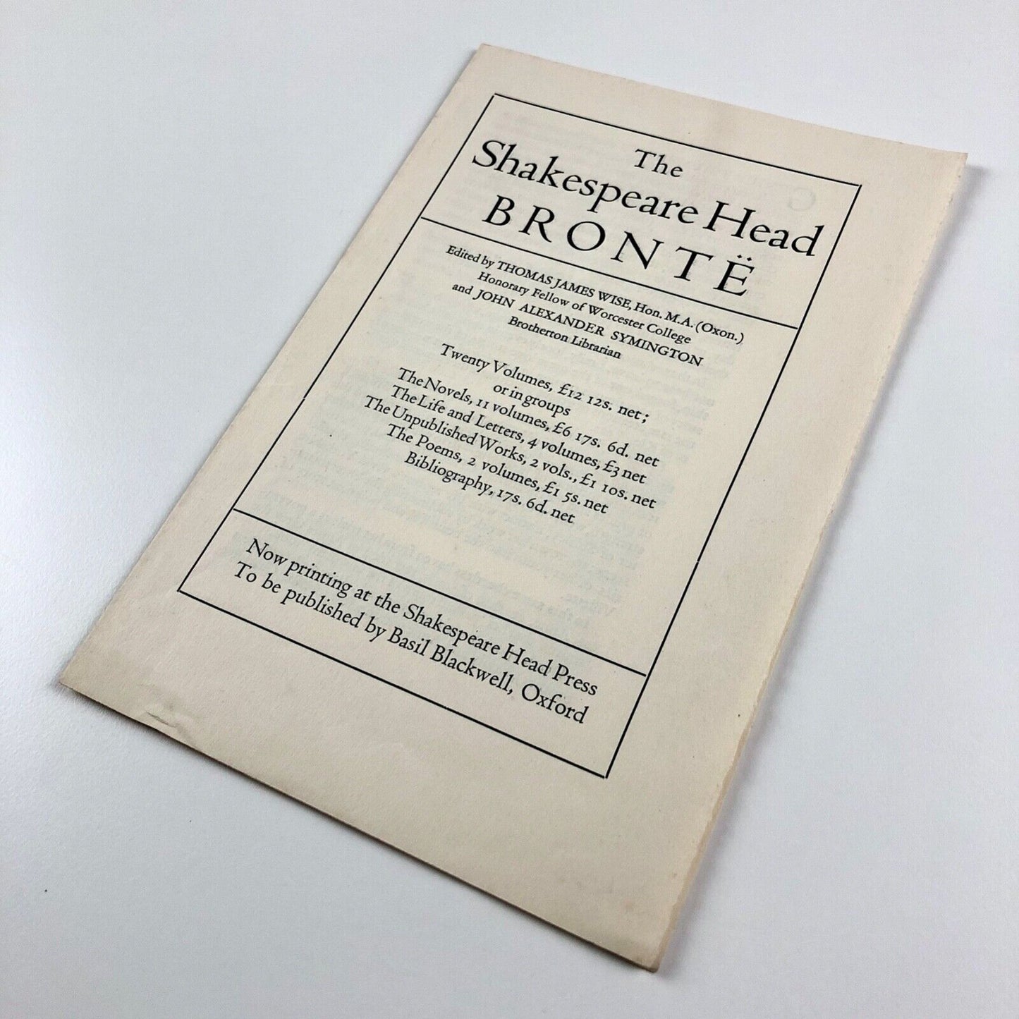 Promotional leaflet/prospectus for The Shakespeare Head – Brontë | Basil Blackwell, c.1931