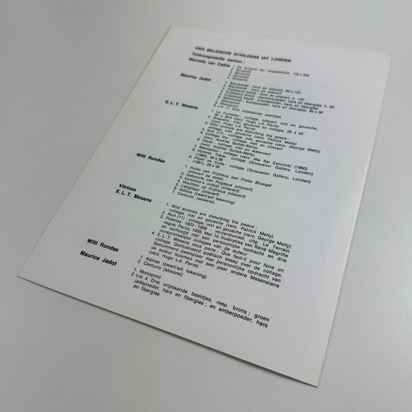 Leaflet Vier Belgische Schilders uit Londen (Four Belgian Painters from London) | Marcelle van Caillie, Maurice Jadot, E.L.T. Mesens, Willi Rondas | Britse Veertiendaagse te Brugge 1968